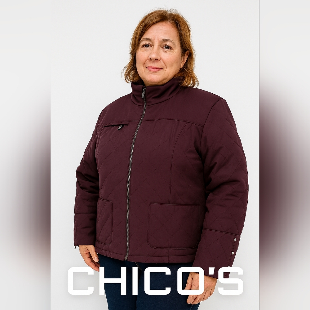 CHICO'S Women's Quilted Puffer Deep Burgundy Red Winter Fall Jacket (#144)